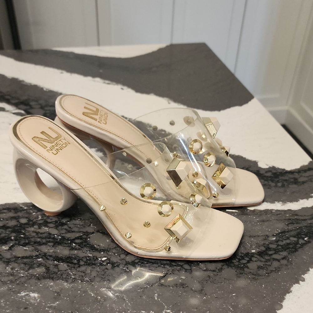 Nine West Nude Clear-Strap Studded Mules